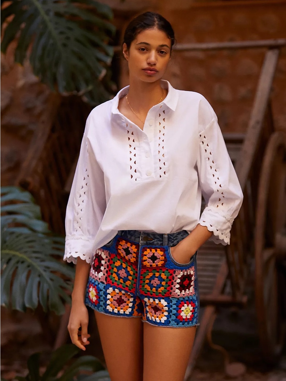 Maeve White Eyelet Split-Neck Peasant Blouse